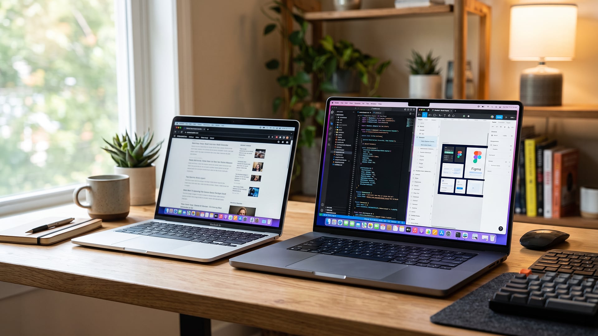 Side-by-side comparison of 14-inch and 16-inch laptops on a desk.