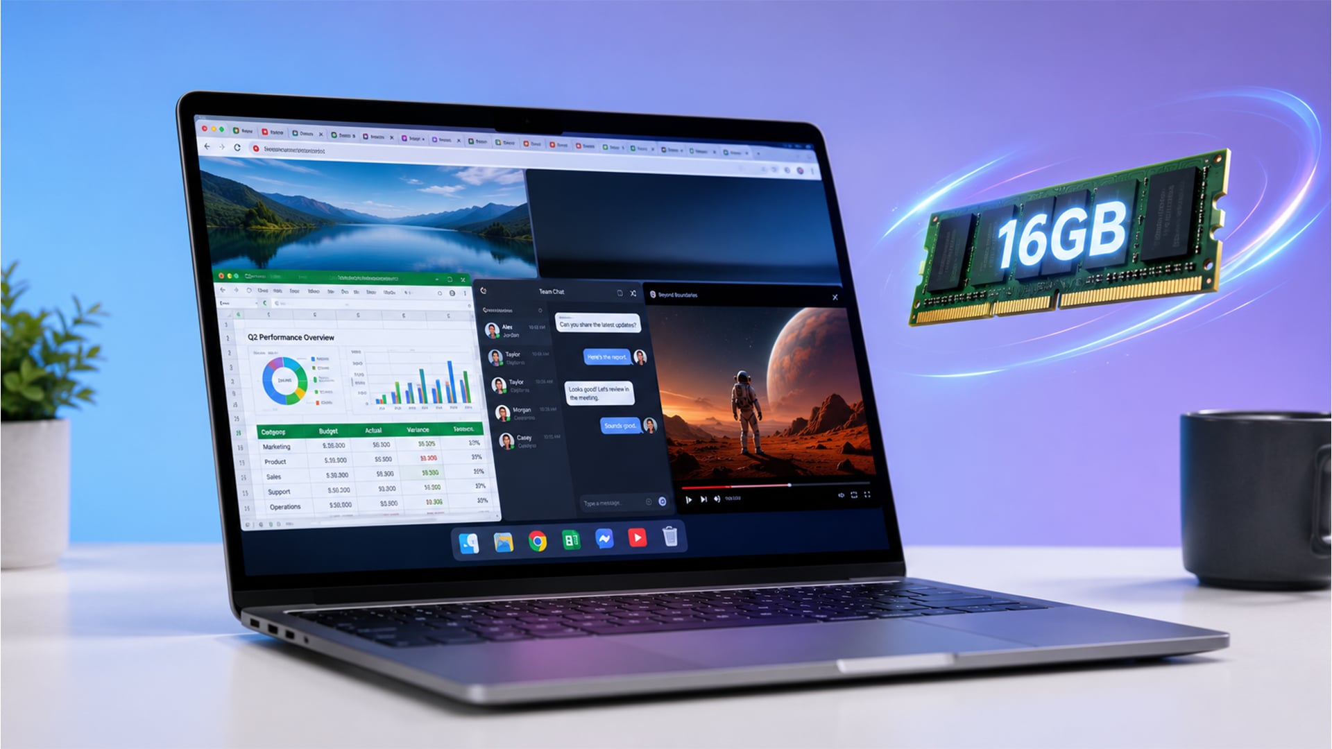 Laptop running multiple apps smoothly with a glowing 16GB RAM.