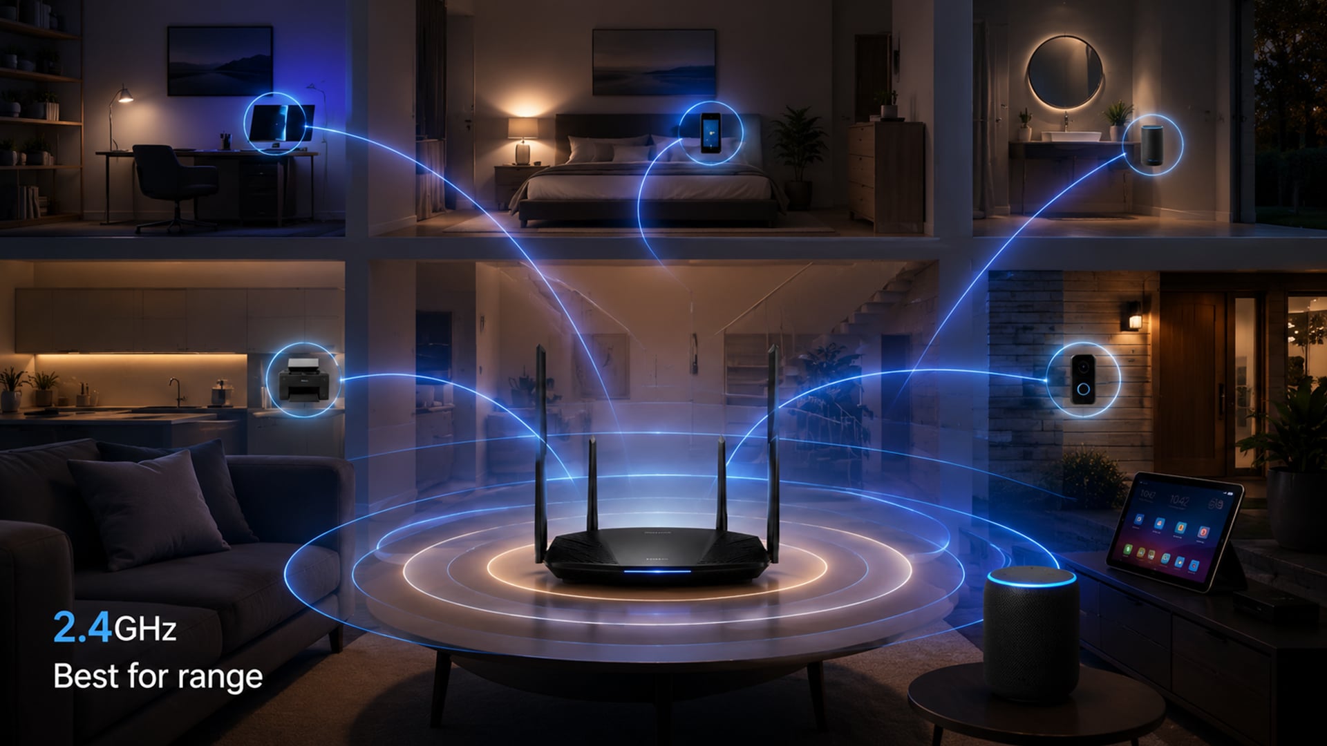 Router using 2.4GHz Wi-Fi band for smart home devices.