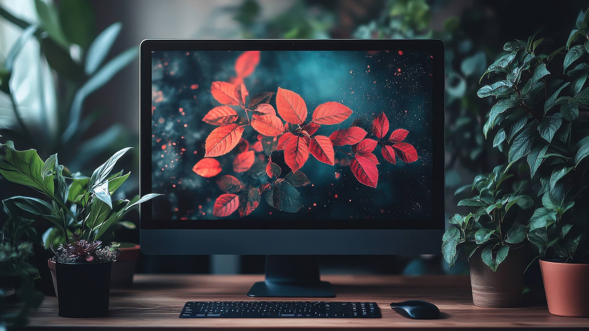 A 27-inch monitor displaying vibrant red leaves on a desk.