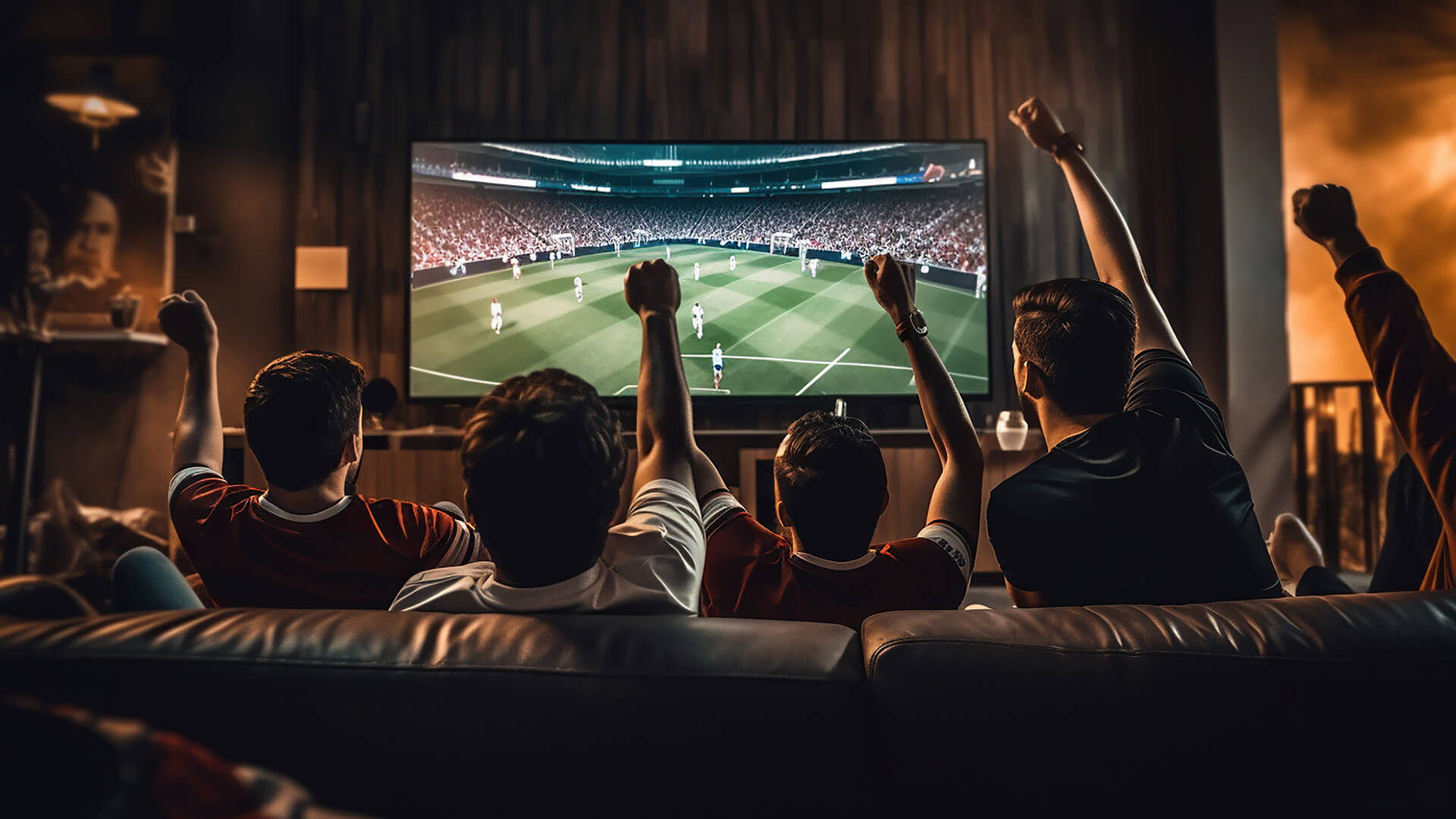 Family cheering in front of a bright 4K TV playing football.
