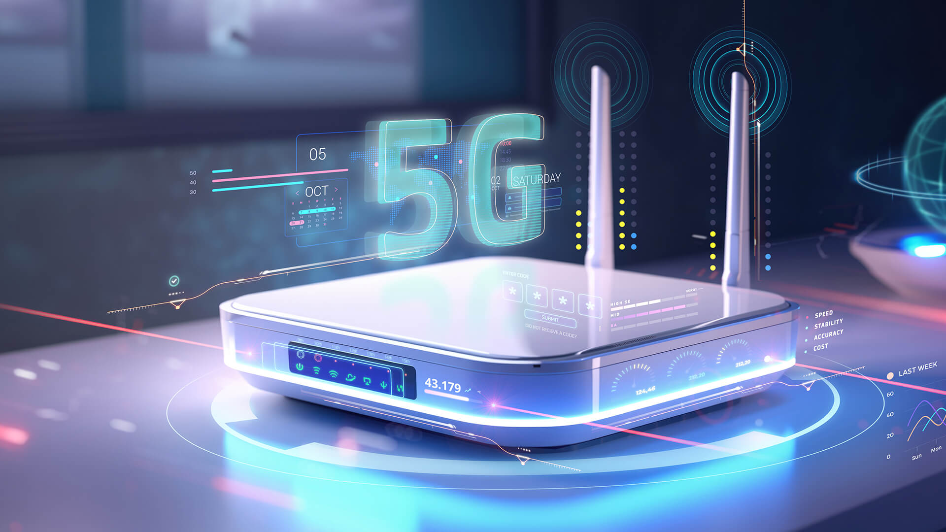 A 5G router showing digital data analytics and network signals.