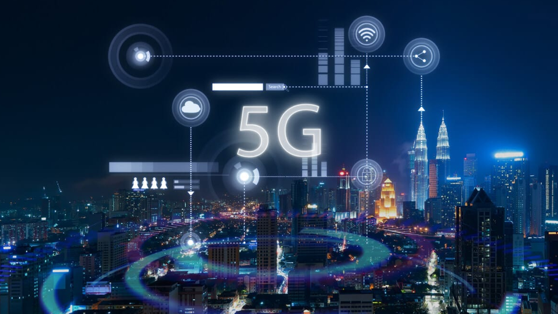 Digital 5G network visualization over a modern city skyline.