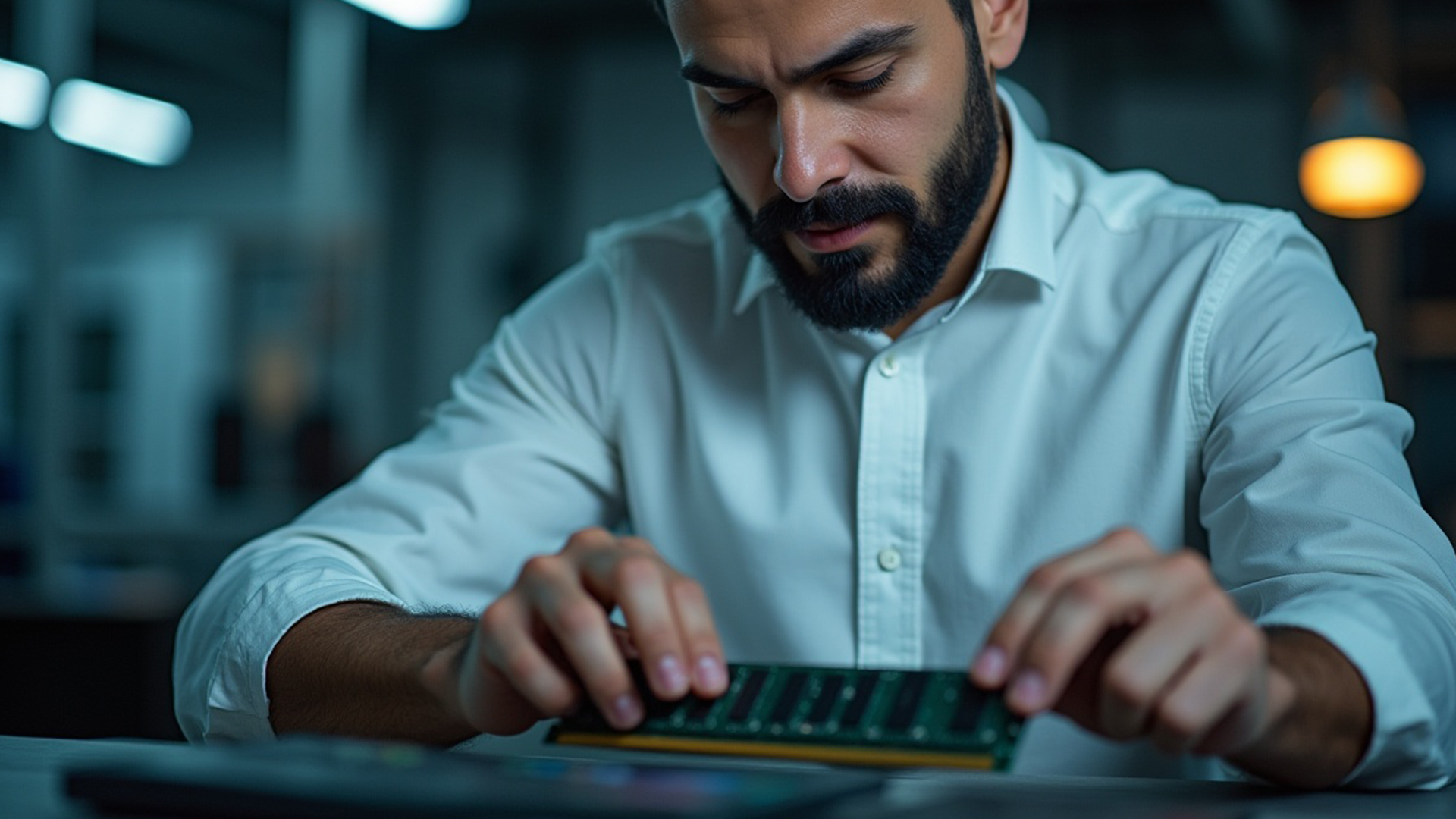 User installing RAM module into computer motherboard