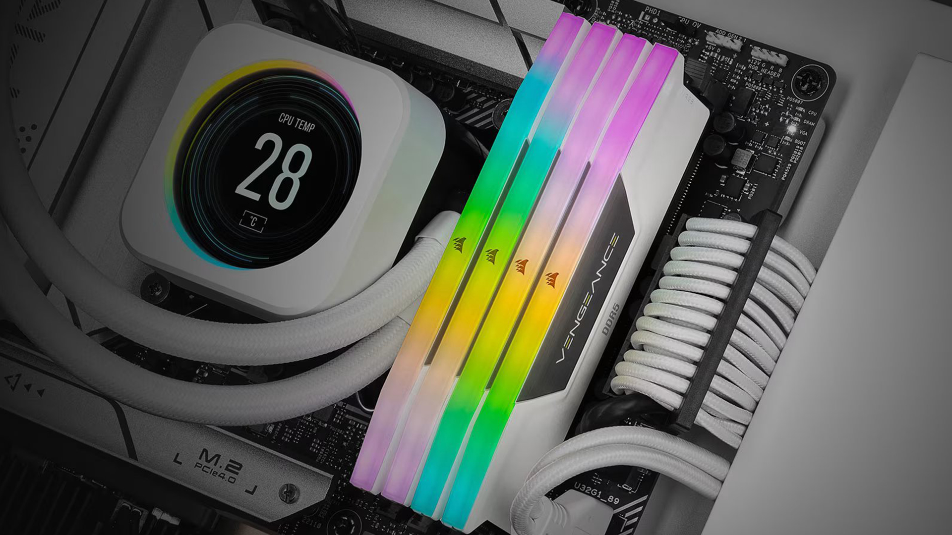 RGB DDR5 RAM installed beside liquid CPU cooler on motherboard