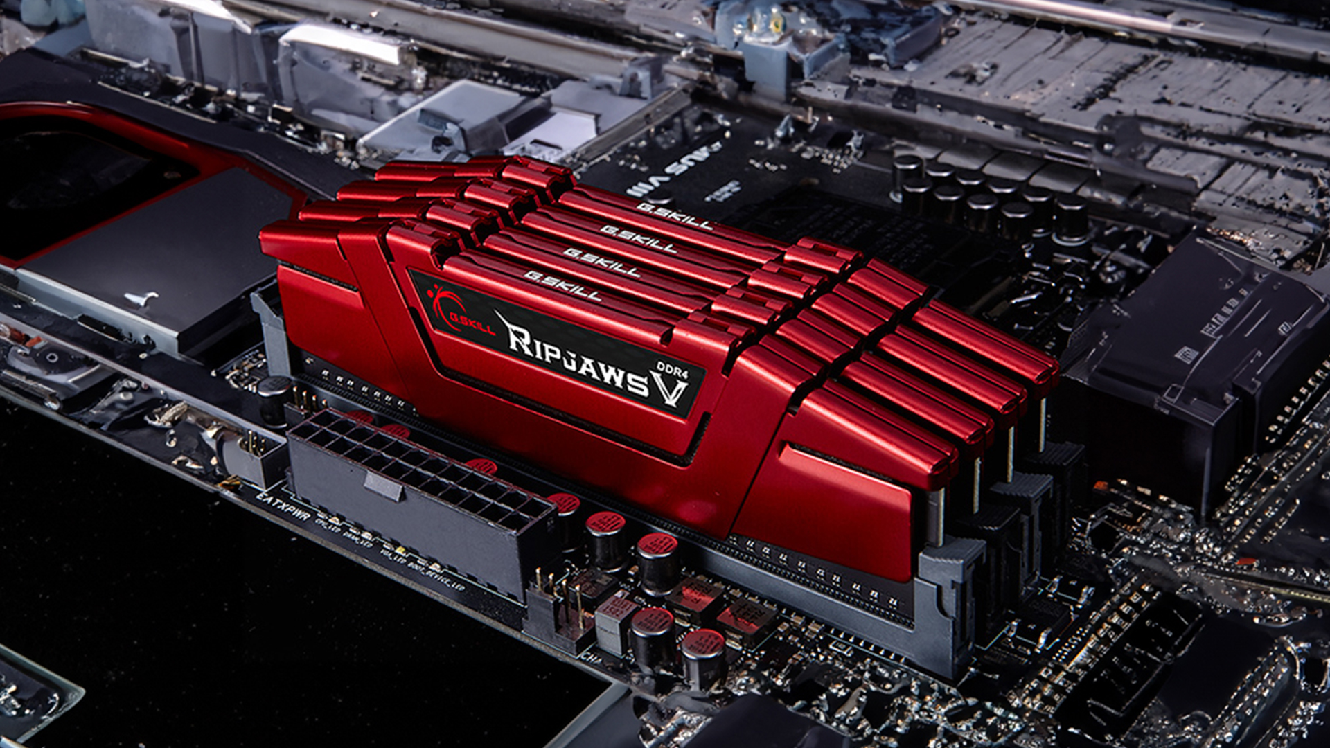 Red G.Skill Ripjaws V DDR4 RAM modules on motherboard