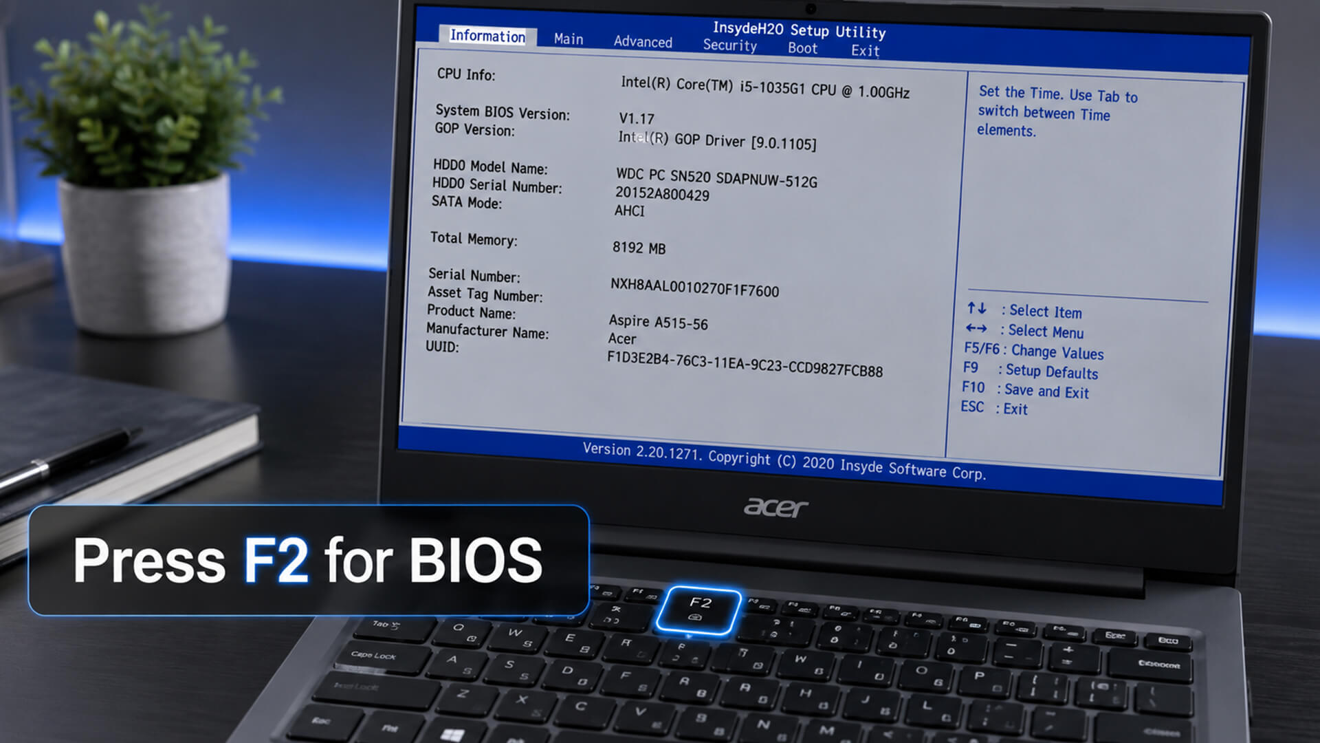 Pressing the F2 key to enter the BIOS on an Acer Aspire laptop.
