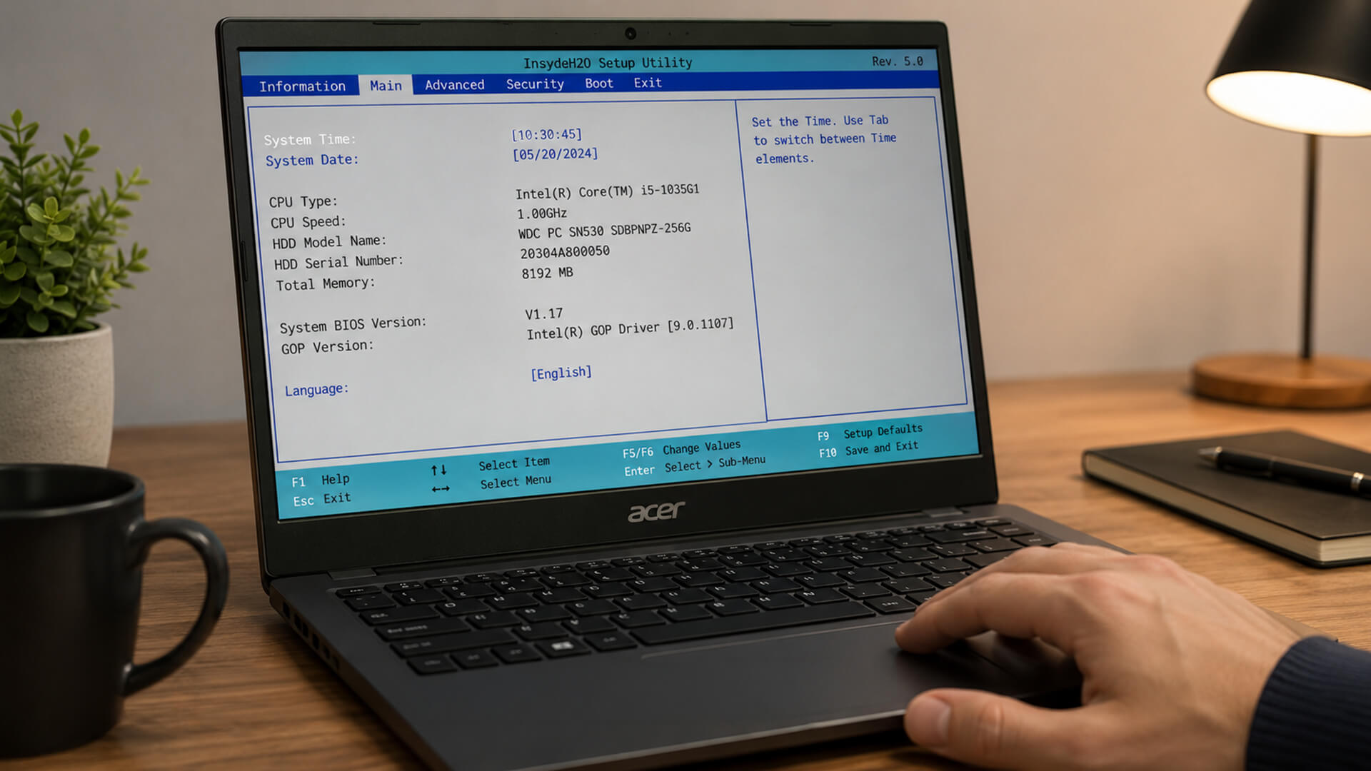 The BIOS setup utility interface on an Acer Aspire laptop screen.