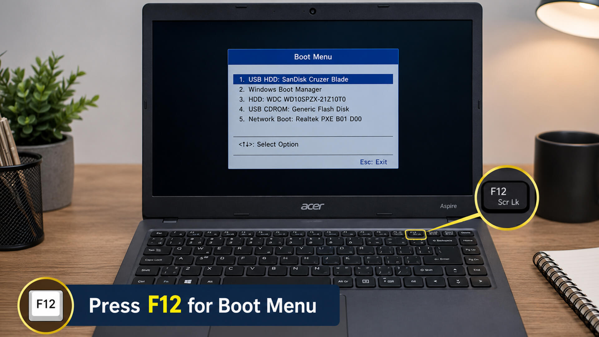 Accessing the F12 boot menu on an Acer Aspire laptop keyboard.