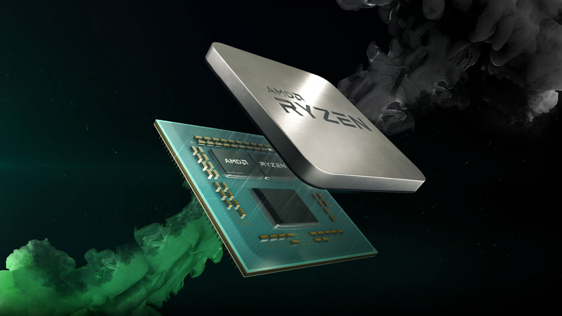 AMD Ryzen processor hovering above a motherboard socket with green smoke effect.