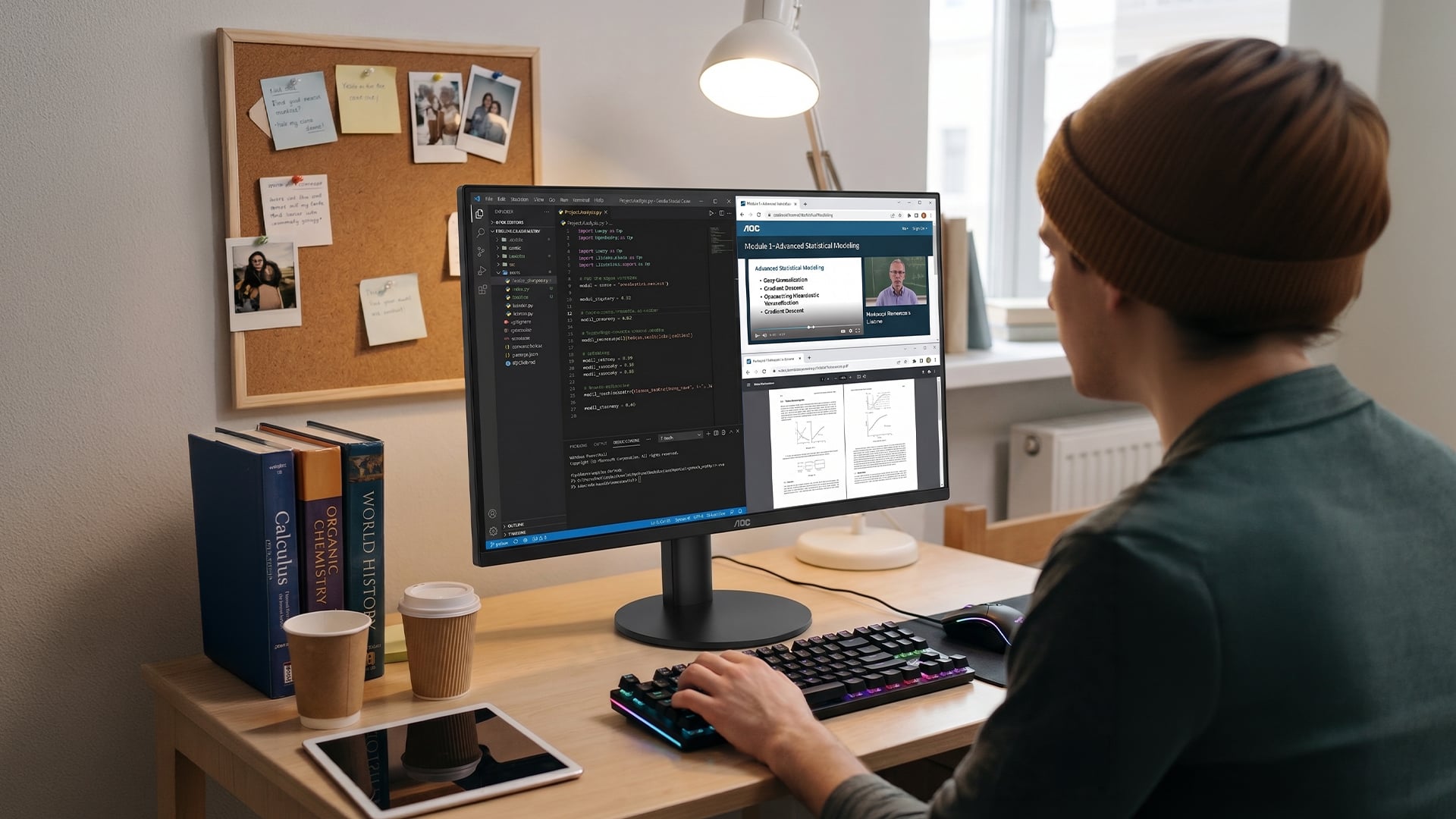 A student using a split-screen layout for coding and online learning.