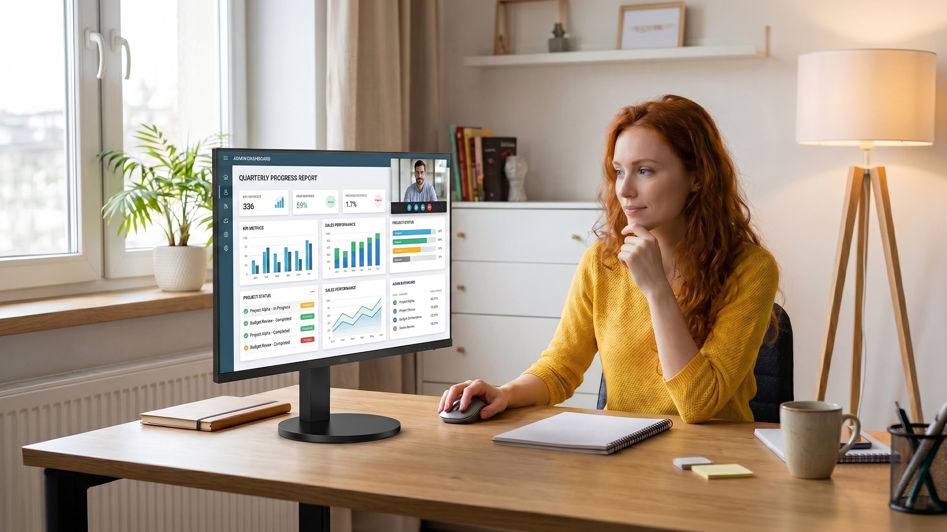 A woman reviewing quarterly business reports on an AOC monitor.