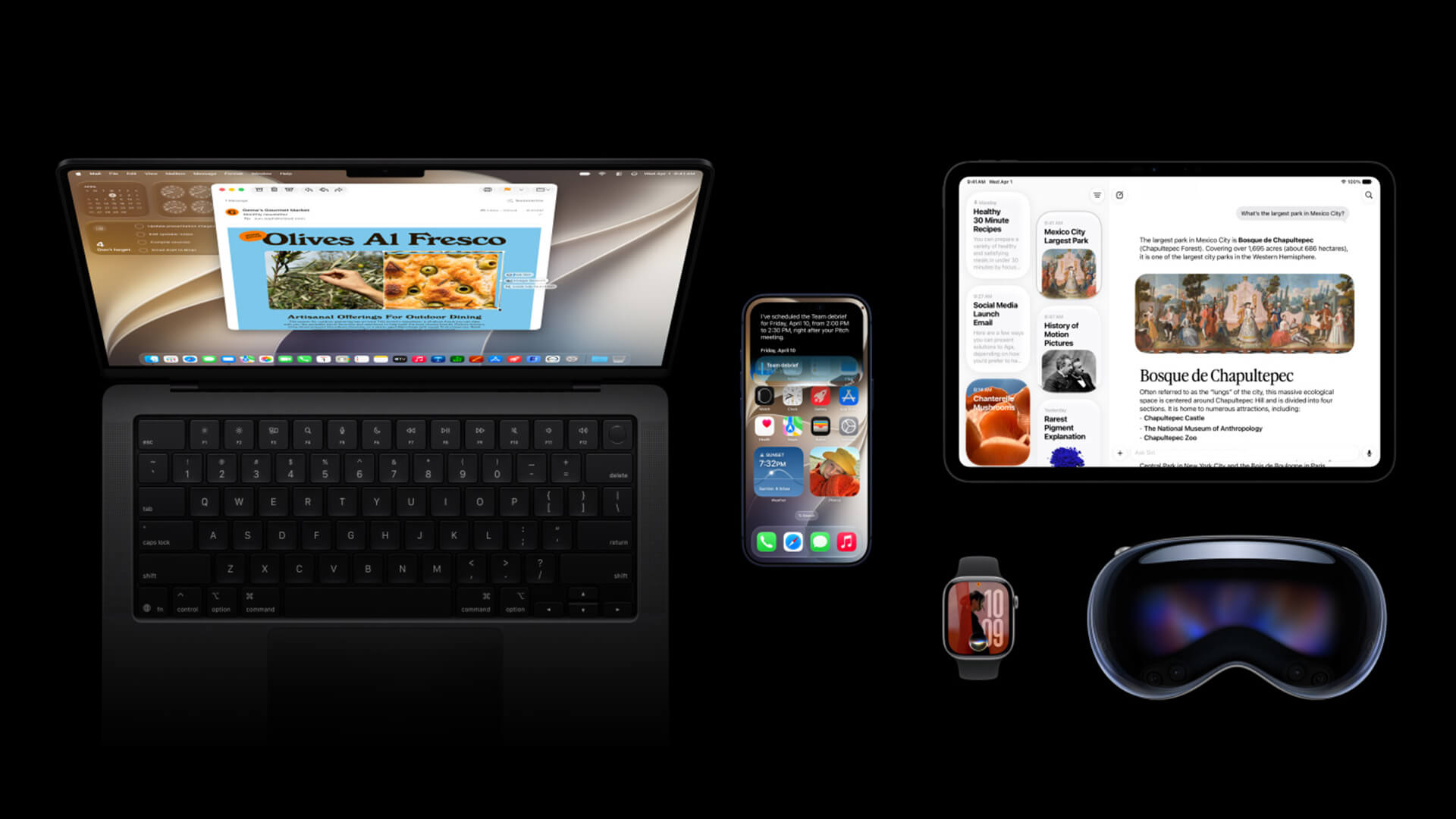 Apple ecosystem showing macOS 27, iPhone, iPad and Vision Pro.