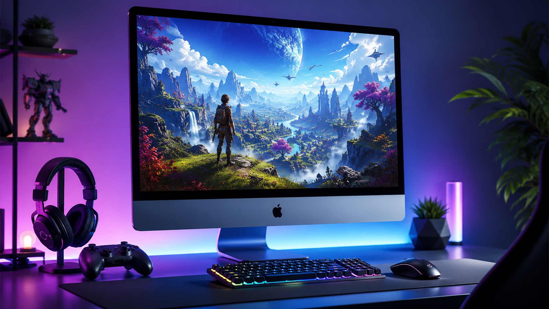 iMac gaming setup showing a fantasy RPG game on screen.