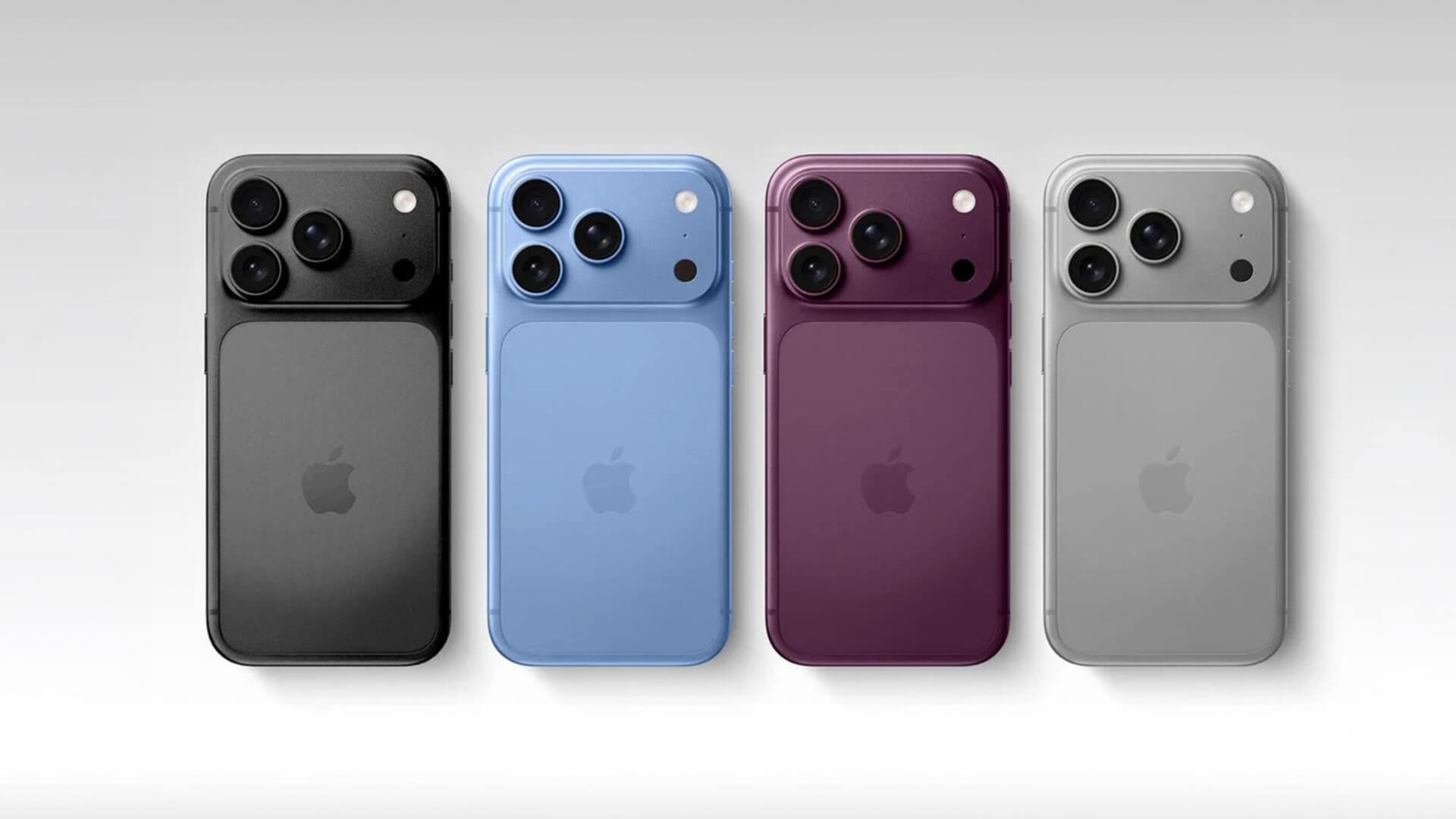 A lineup of the rumored Apple iPhone 18 series showing the new back panel design in black, blue, purple, and silver colors.