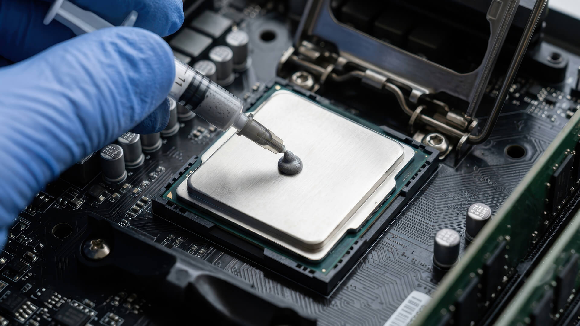 Applying a pea-sized dot of thermal paste on a CPU.