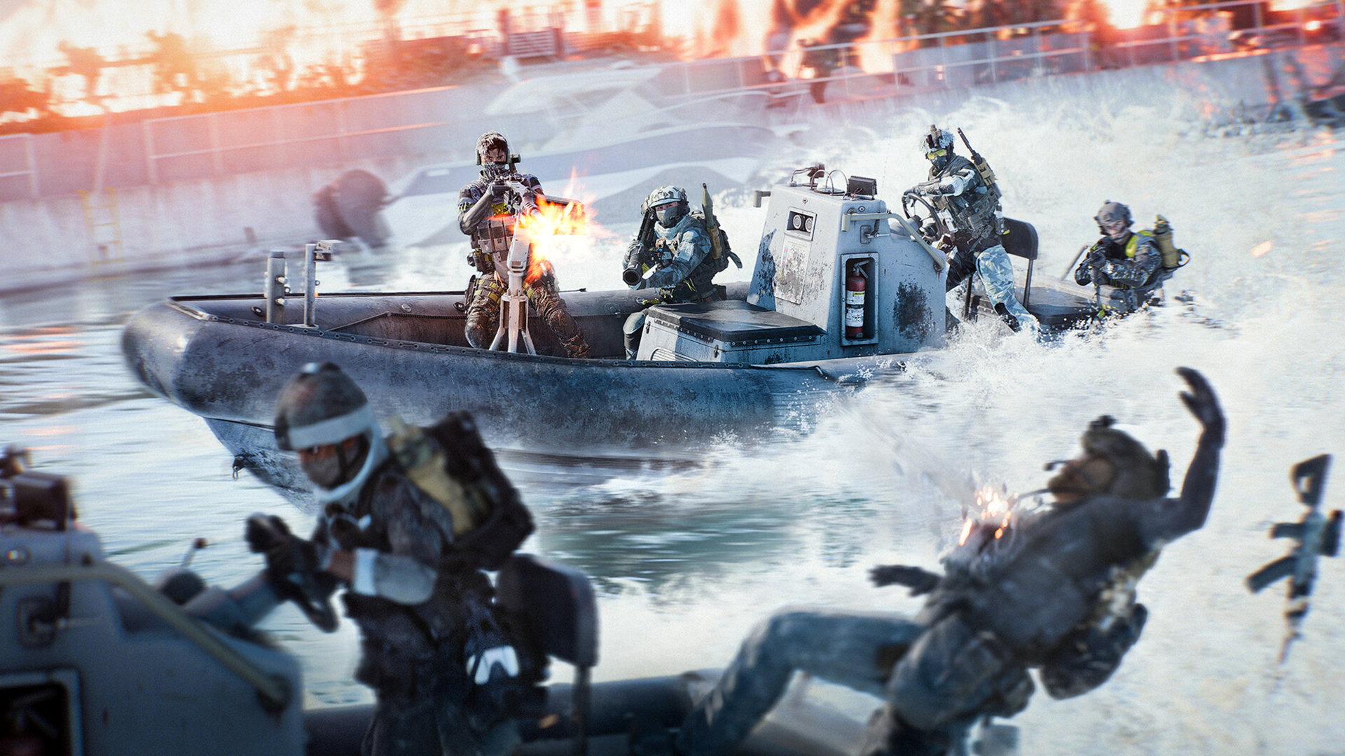 Soldiers engaging in a boat assault in Battlefield 6 RedSec.
