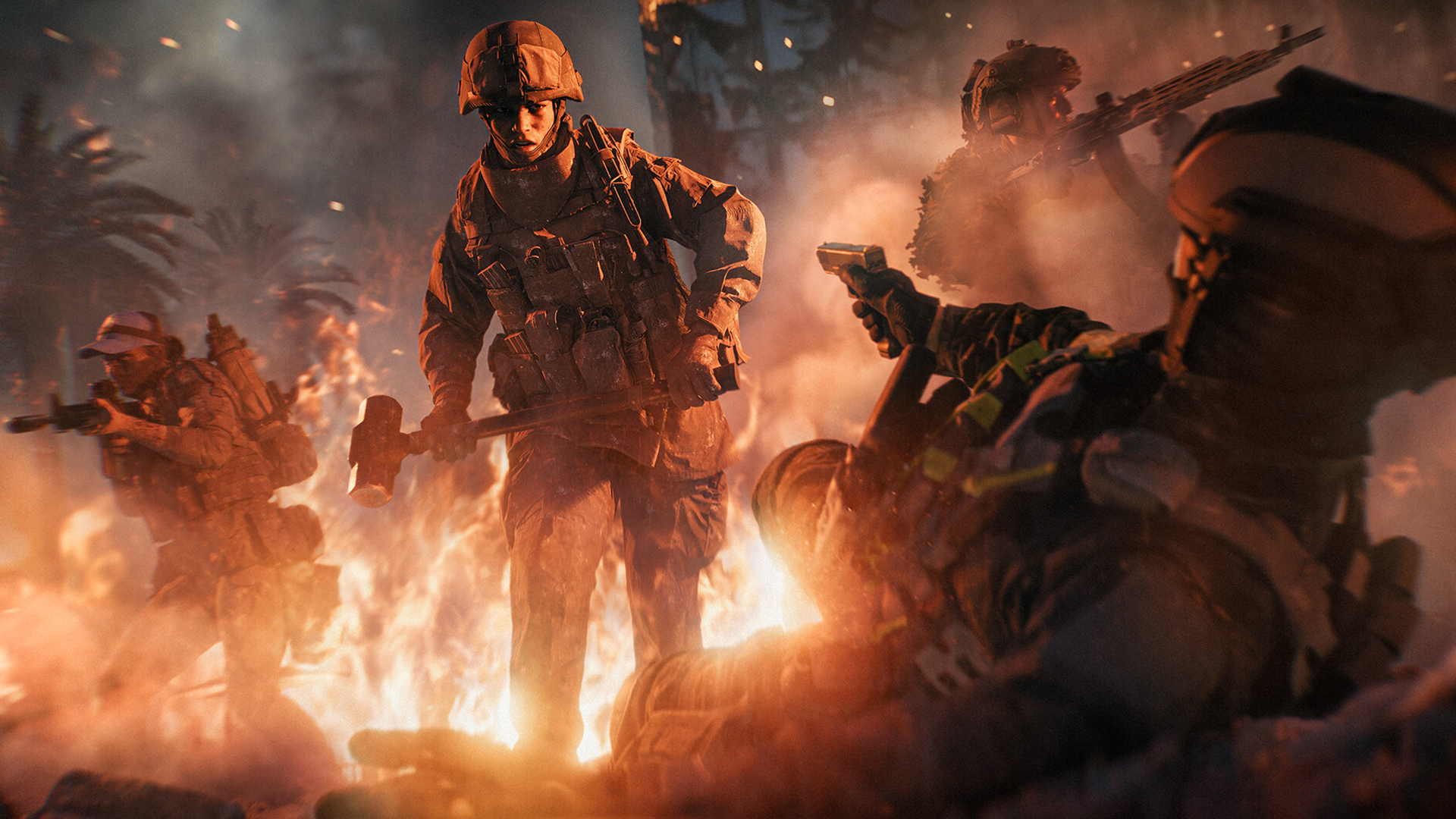 Soldiers moving through fire and smoke in RedSec combat.