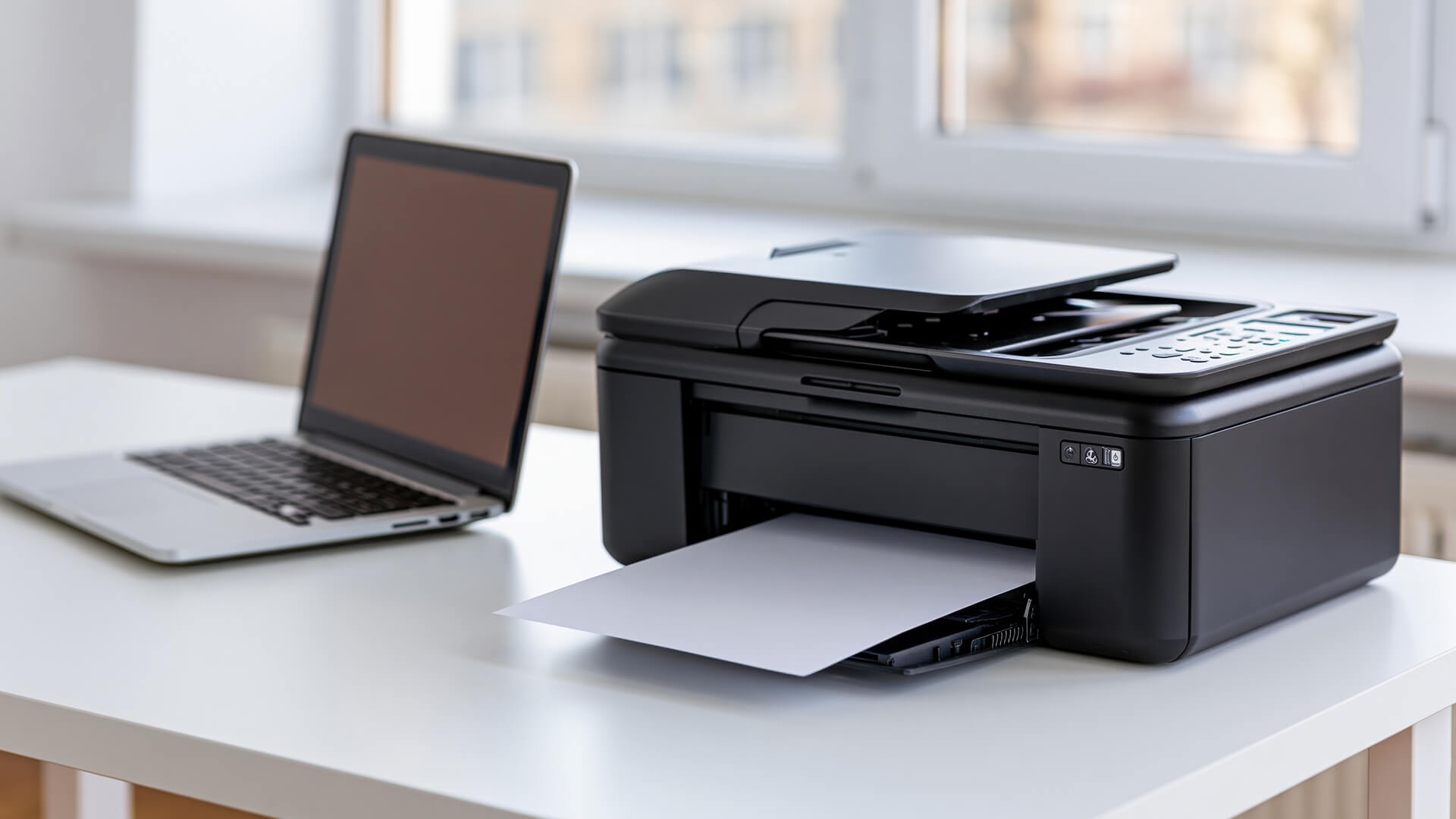 Black all-in-one printer next to a laptop on a white desk.