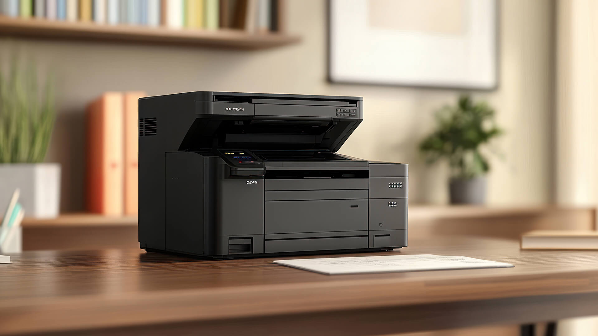 A dark multifunctional laser printer placed on a wooden desk.