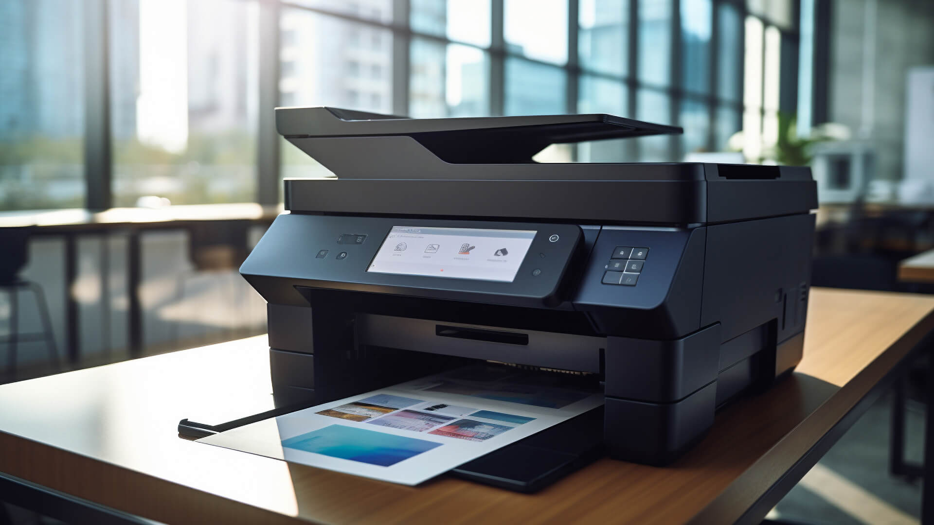 Black multifunction printer outputting color pages on a desk.
