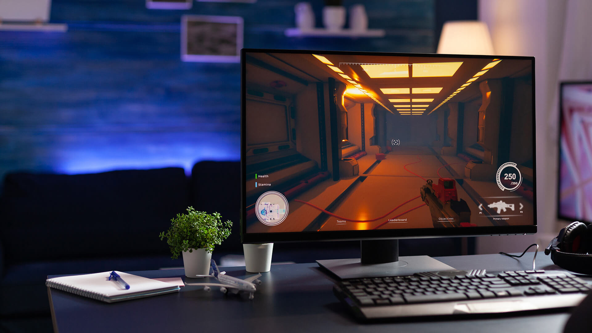Gaming monitor showing an immersive first-person shooter game.