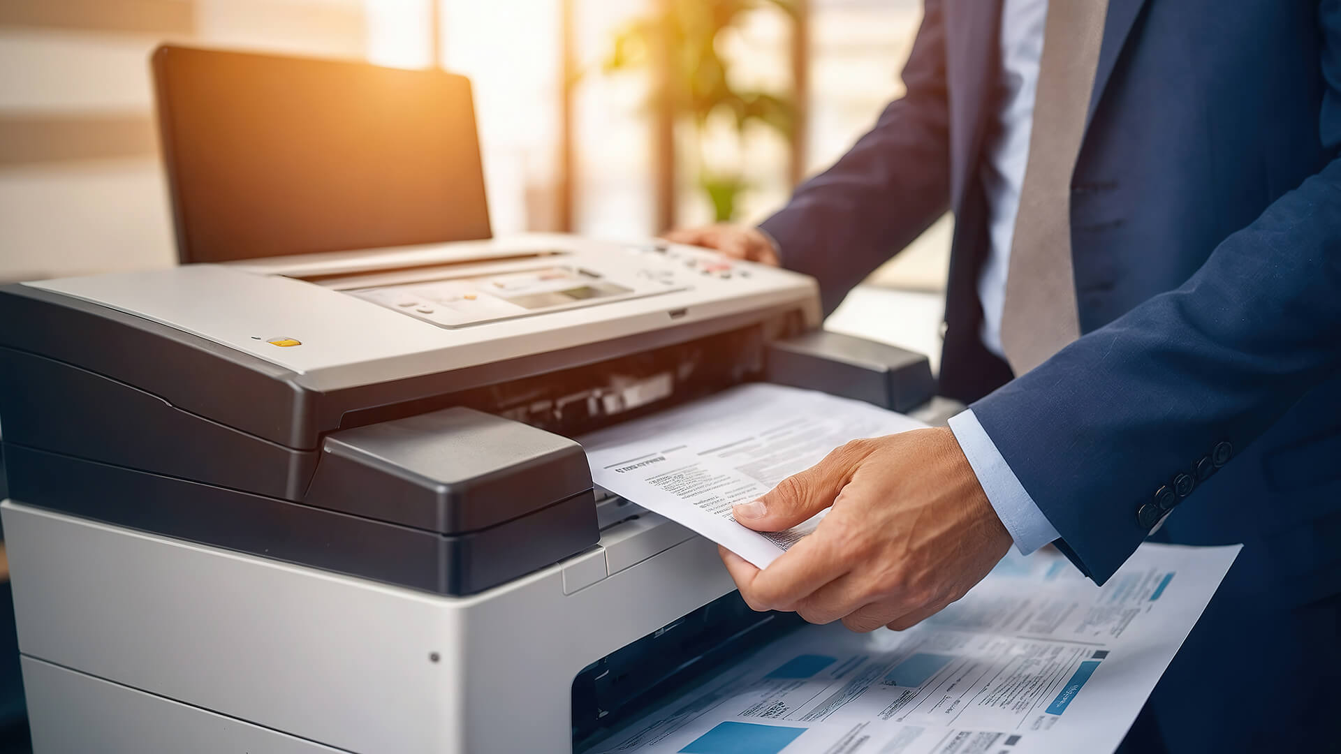 A close-up of a man picking up printed papers from a printer tray.
