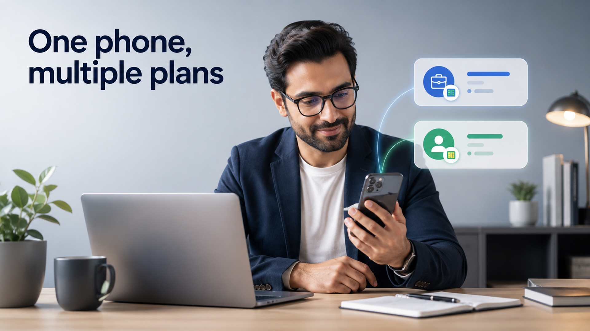 Professional using a smartphone with multiple mobile plans.