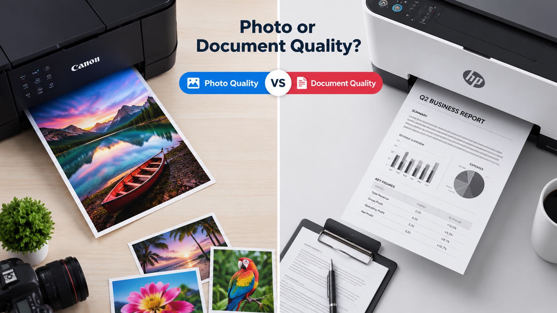 Comparing Canon photo quality with HP business document quality.