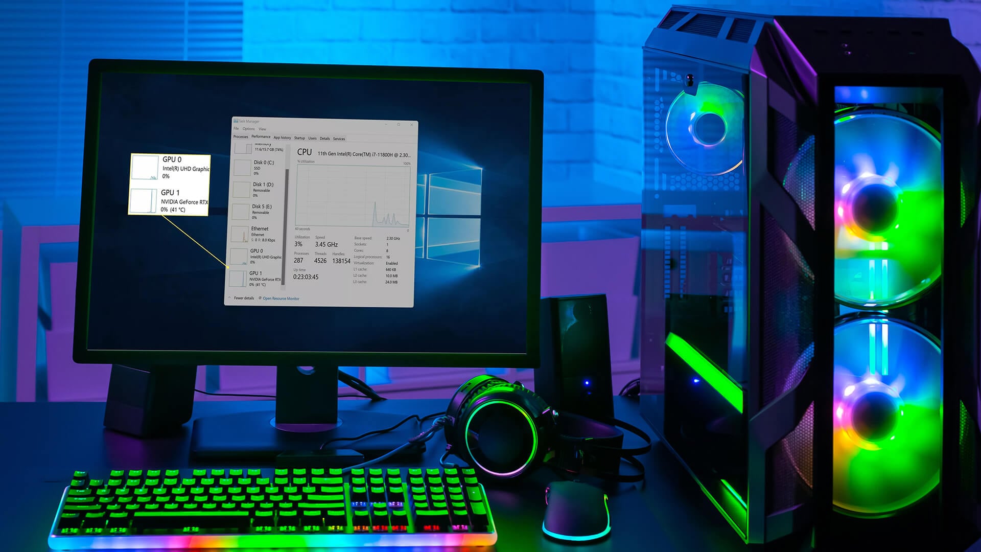 Monitor displaying Windows Task Manager GPU specs next to a gaming PC.