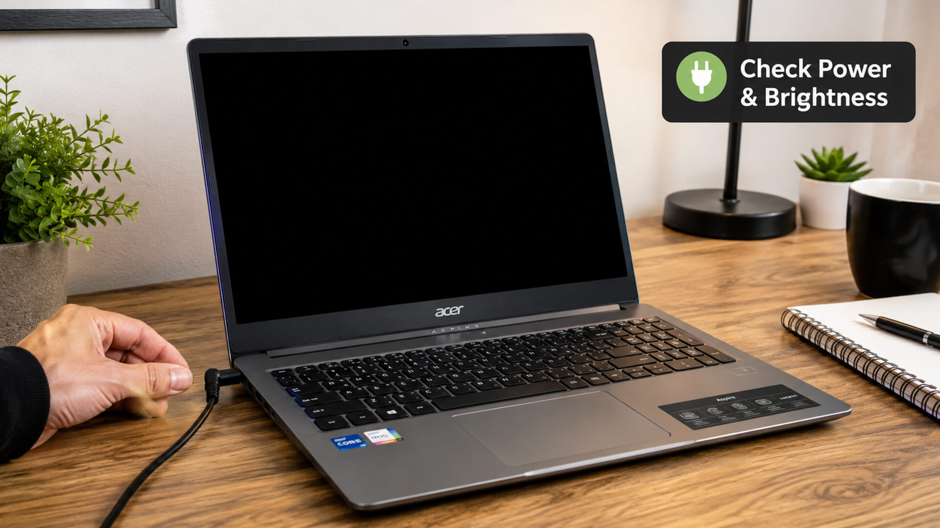Checking power connection and brightness on an Acer Aspire laptop.