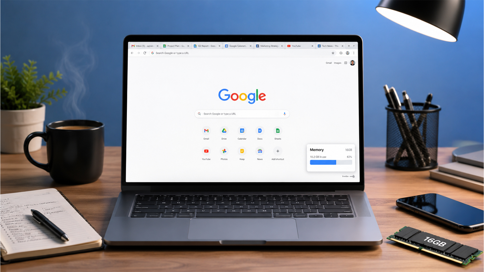 Laptop showing Google Chrome memory usage monitor with many tabs.