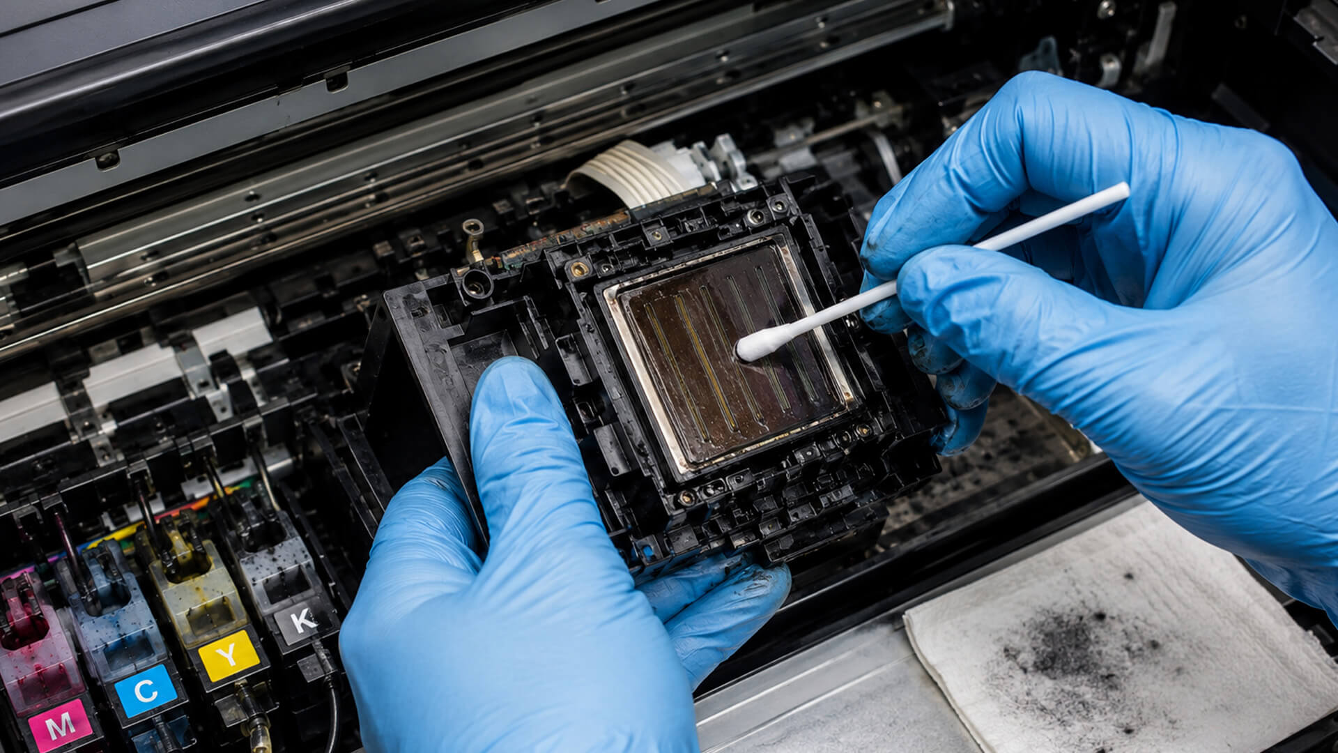 Cleaning clogged printhead to fix lines.