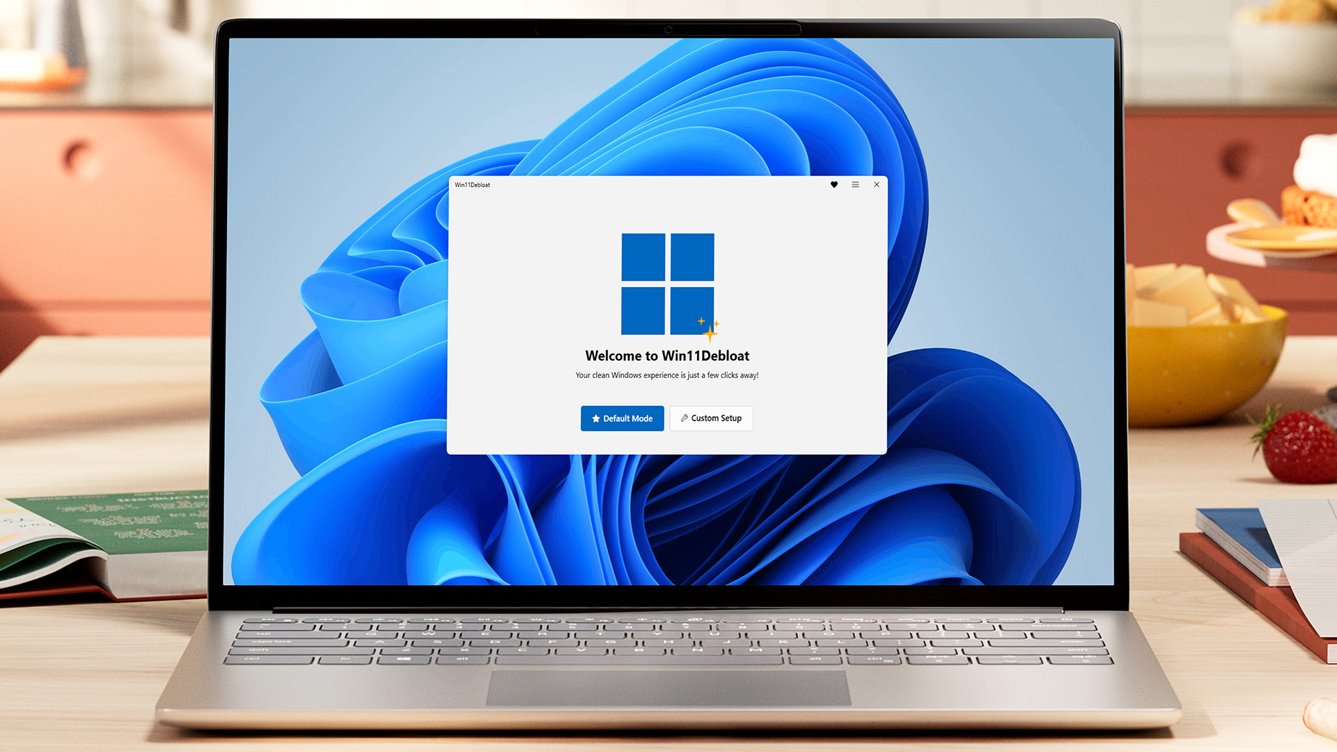 Close-up of a laptop screen showing the Win11Debloat setup menu on Windows 11.