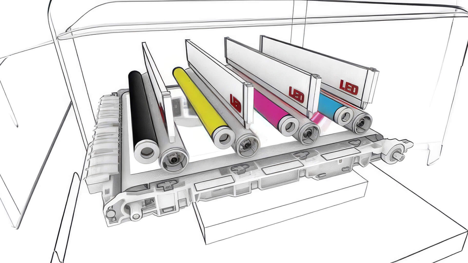 Inside a color laser printer showing CMYK toner cartridges.