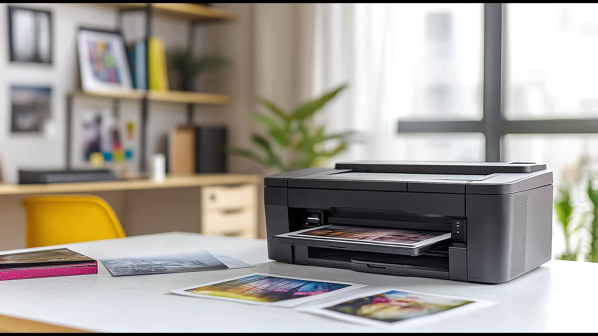 Compact inkjet printer on a desk with printed photo samples.