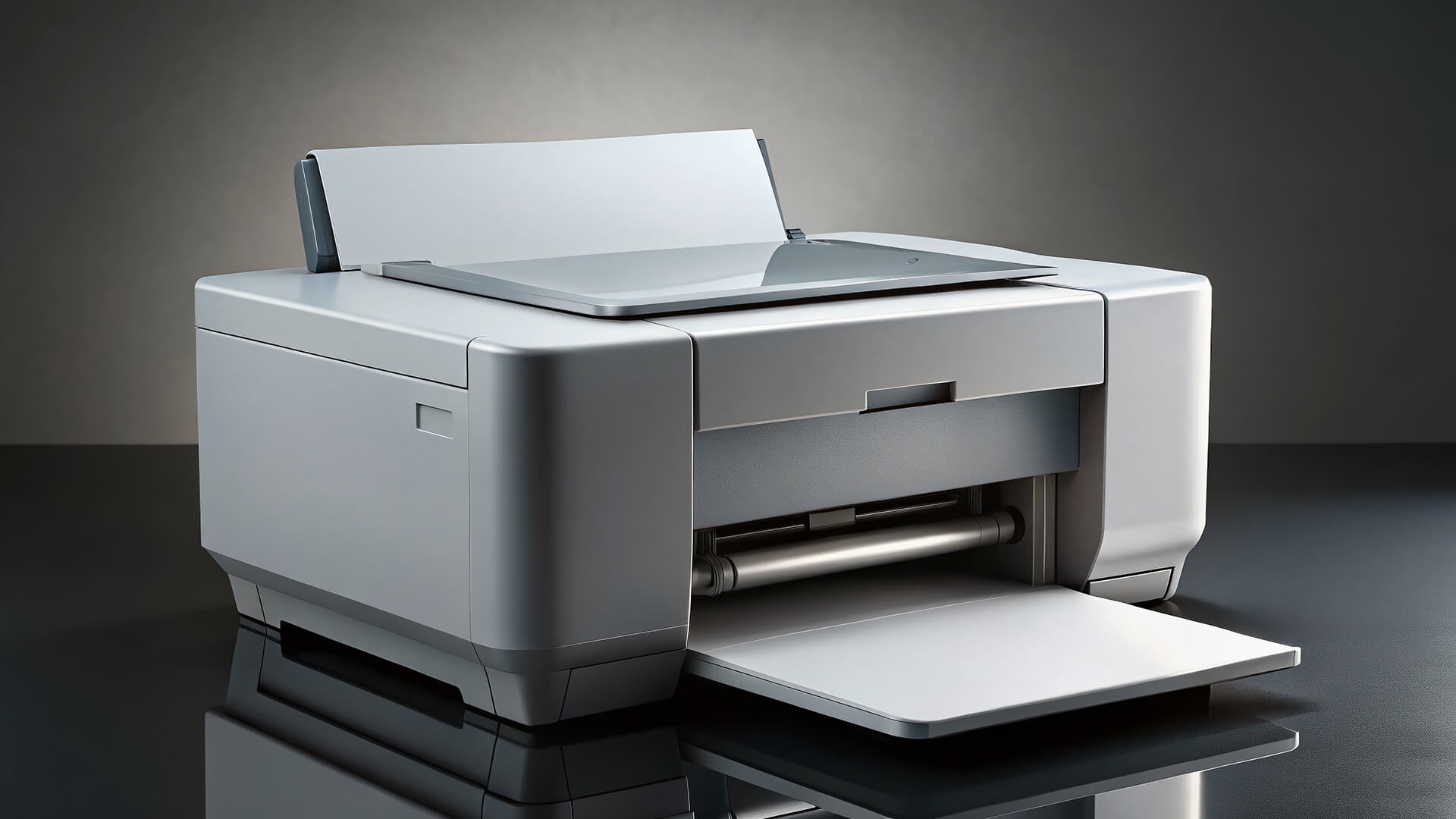 Compact silver laser printer sitting on a dark surface.