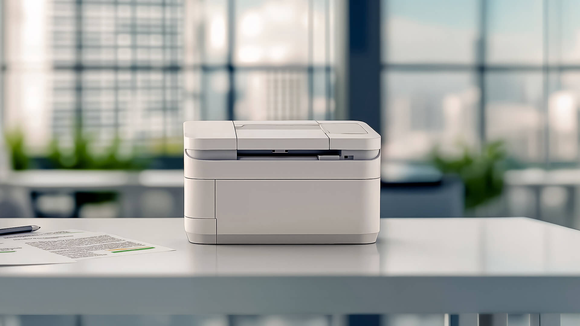 Compact white laser printer on a desk in a small office.