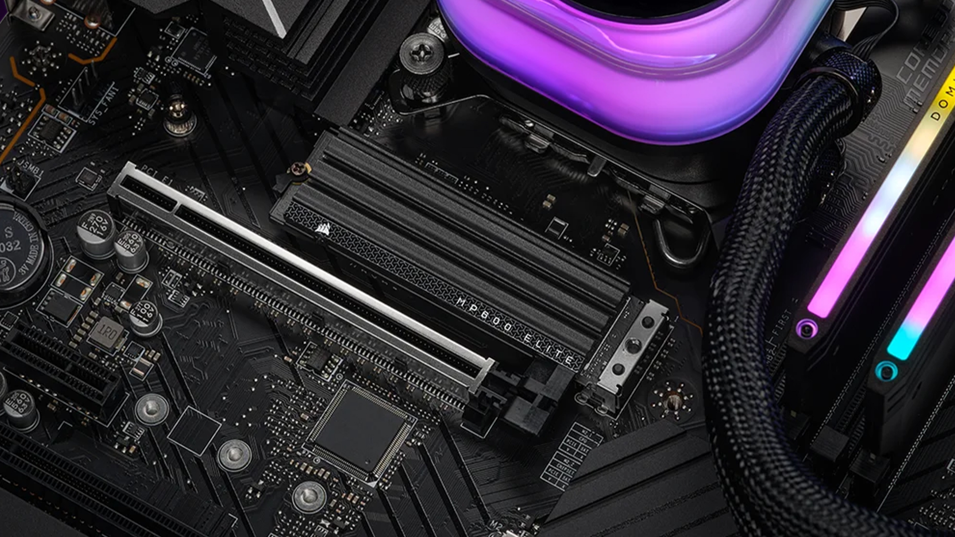 Corsair MP600 ELITE NVMe M.2 SSD with heatsink mounted on a motherboard.