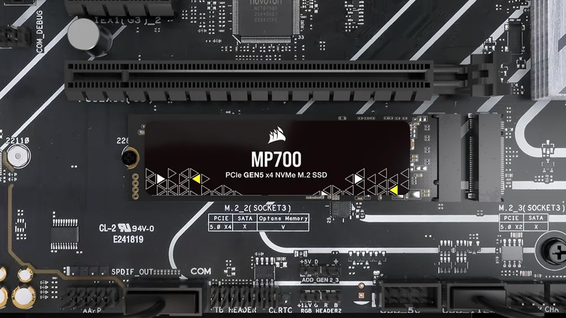 Corsair MP700 PCIe Gen5 x4 NVMe M.2 SSD installed in a motherboard slot.