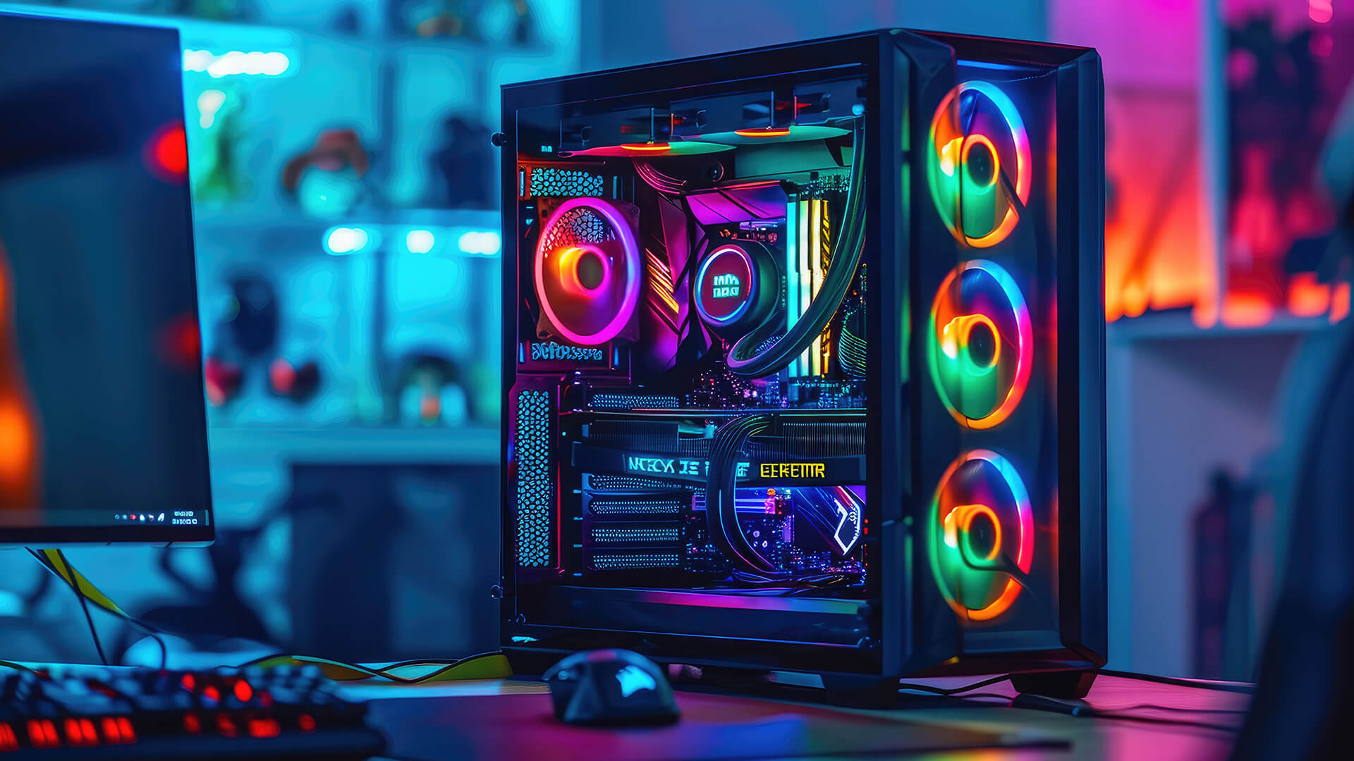 A custom desktop gaming PC tower illuminated with bright RGB fans.
