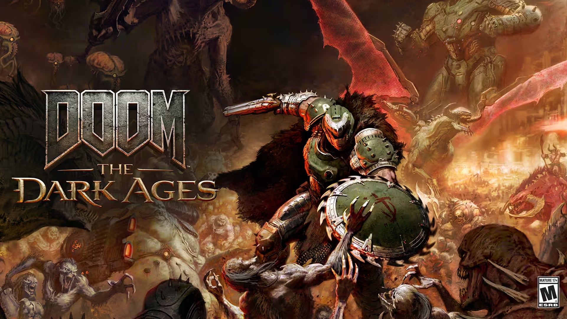 Doom Slayer fighting demons in Doom The Dark Ages.