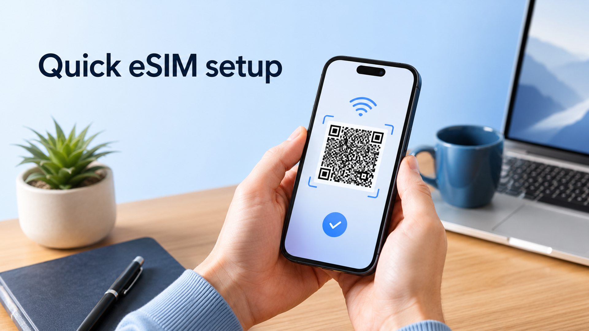 Person scanning a QR code for quick eSIM setup on a smartphone.