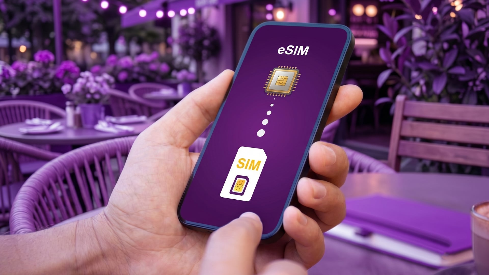 Hand holding smartphone displaying digital eSIM technology.