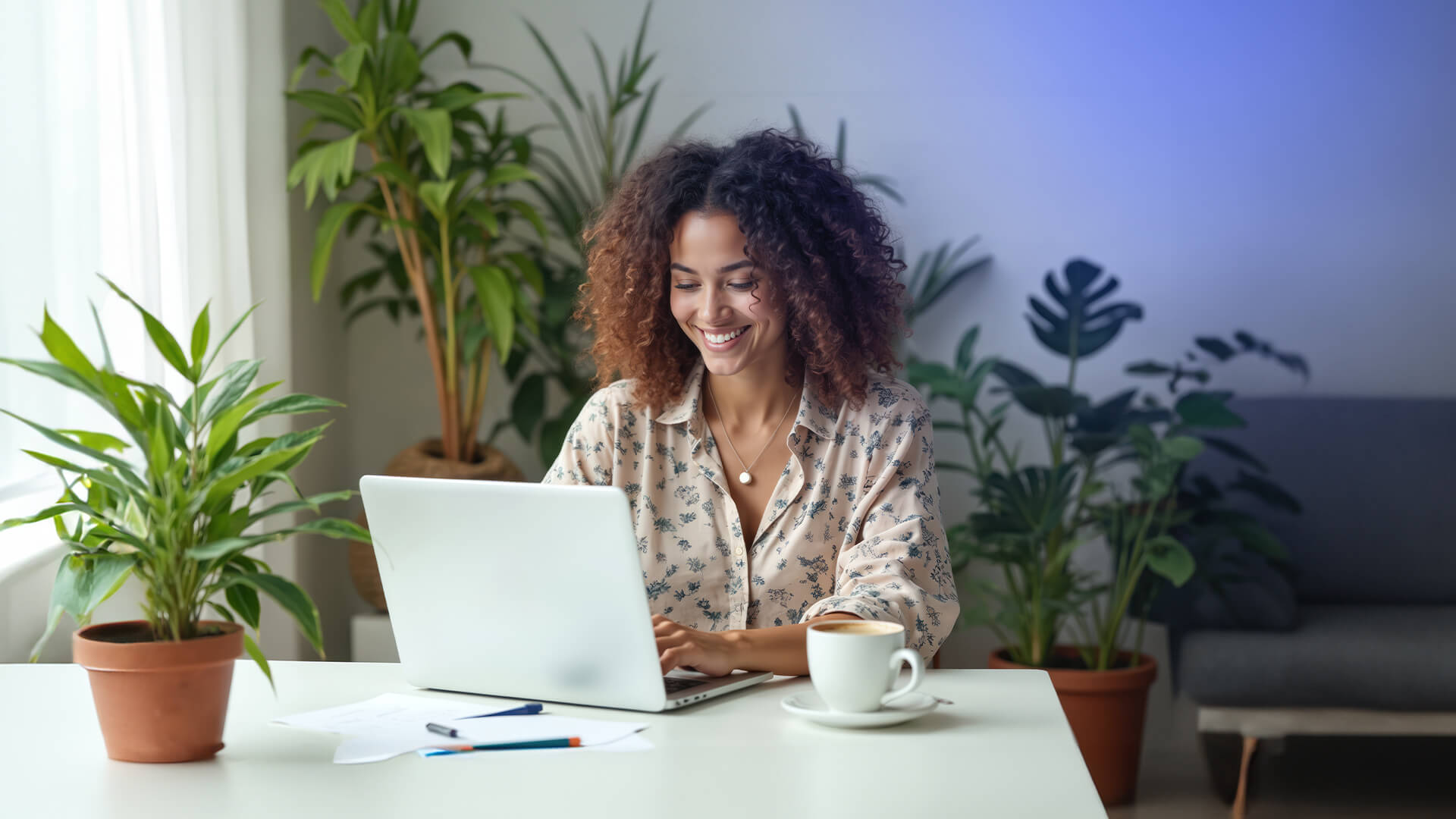 A woman smiling while working on a slim Copilot plus AI laptop at a bright desk with plants.