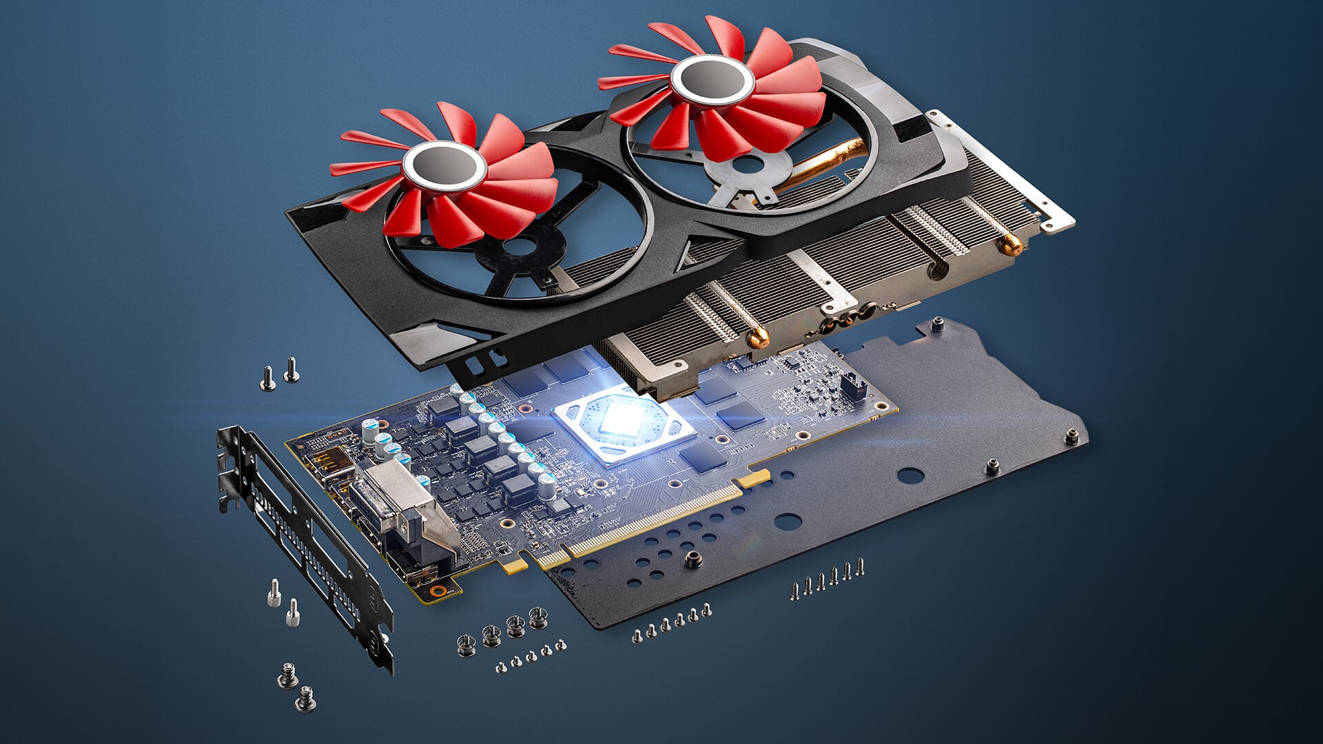 Exploded view showing internal components of a dual-fan graphics card.