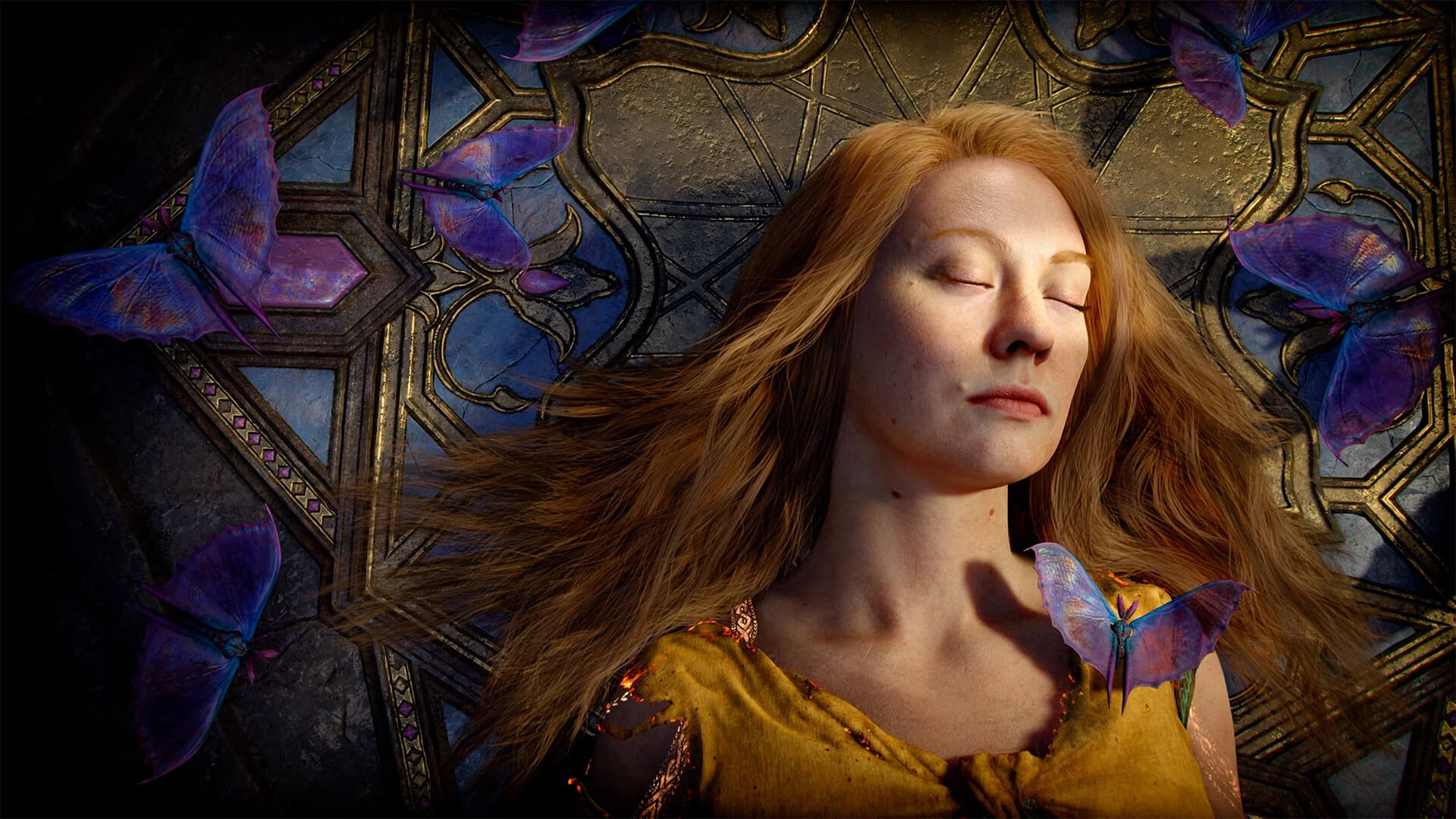 A red-haired woman resting peacefully with her eyes closed on an ornate, intricately carved stone surface, surrounded by glowing, magical purple butterflies.