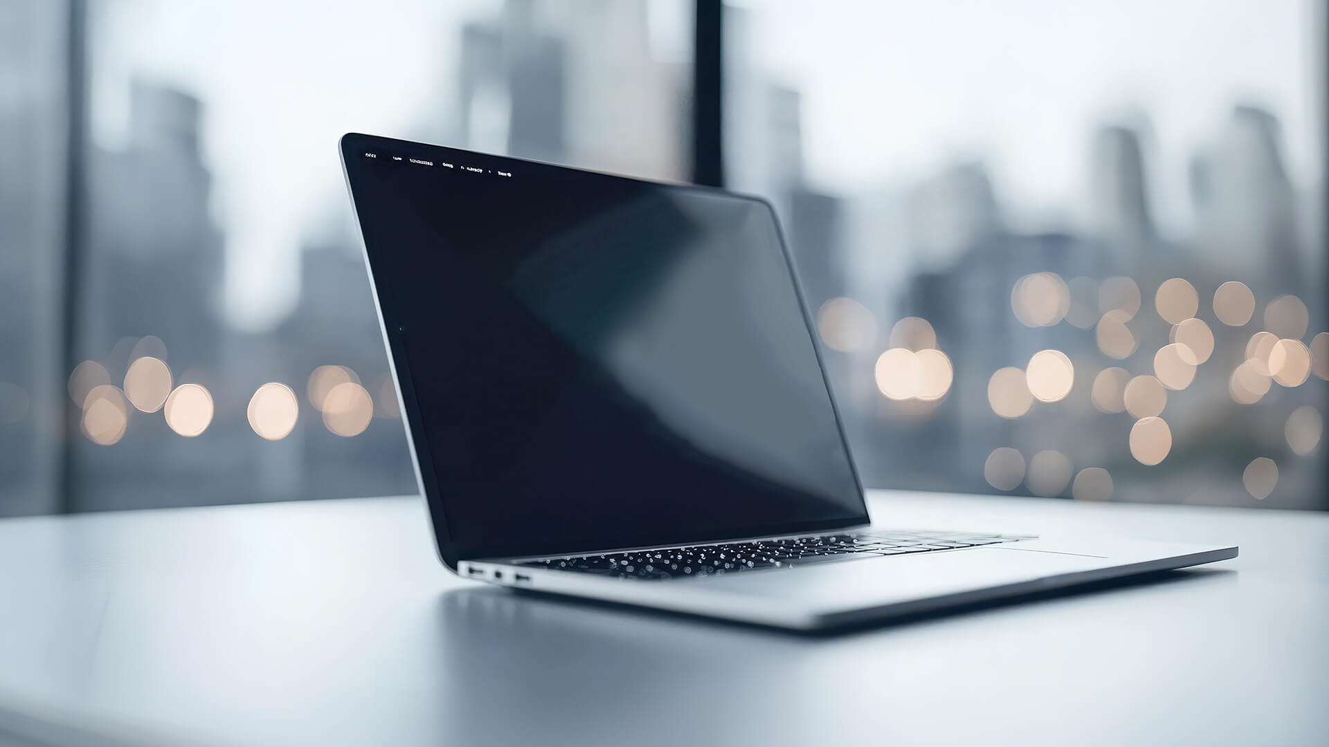 White Chromebook on a desk with a clock and office supplies.