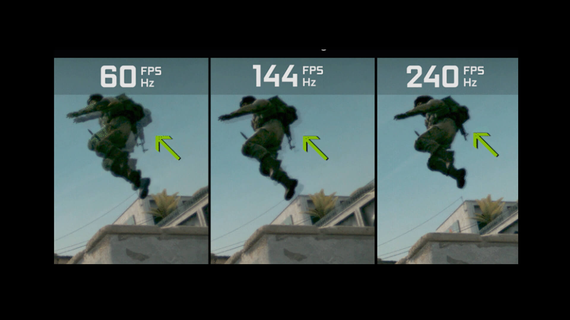 Motion clarity comparison at 60, 144, and 240 FPS.