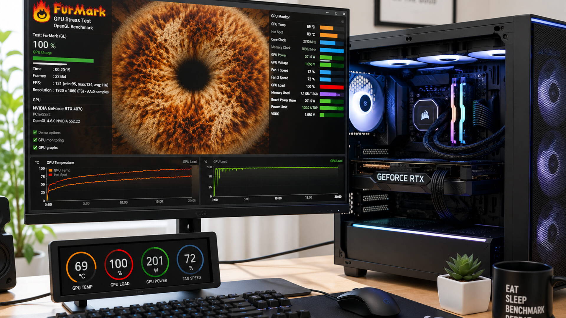 Monitor showing FurMark GPU stress test next to a PC.